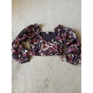 Cleobella‎ Women's Large Floral Print Wrap Crop Top Smocked Long Sleeve Blouse
